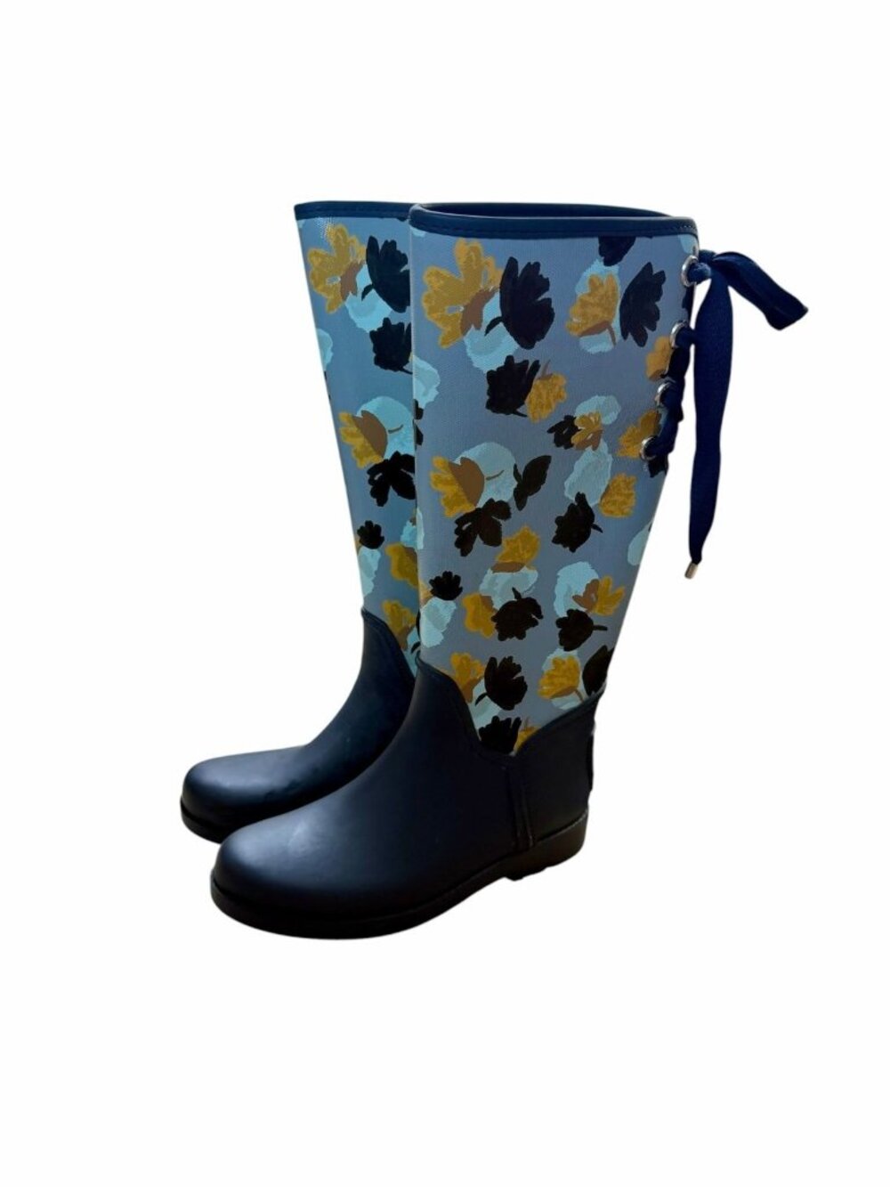 Coach Navy Floral Waterproof Rain Boots Fleece Lined Lace Back Women’s Size 7